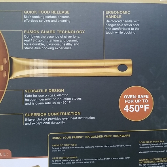 Parini Golden Chef Cookware Non-Stick 9.5" Fry Pan 18K Gold Infused Coating NIB - Picture 6 of 12